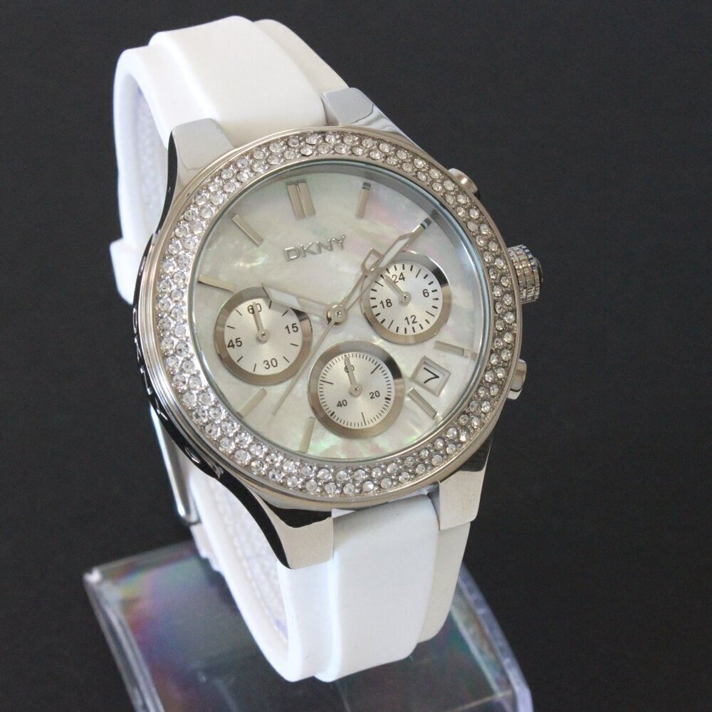 DNKY Women's Chronograph Crystal Bezel Mother Of Pearl Dial Silicone Strap 38mm - Picture 2 of 14